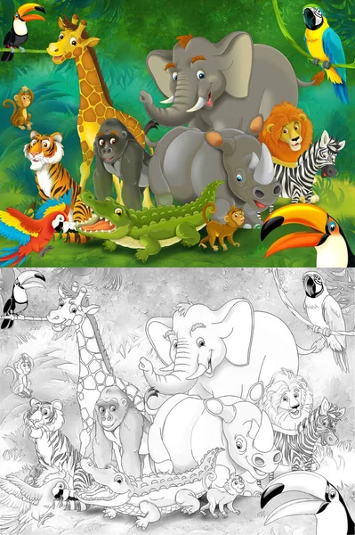 Scène Zoo Bande Dessinée Avec Croquis Dans Jungle Avec Différentes — Photo