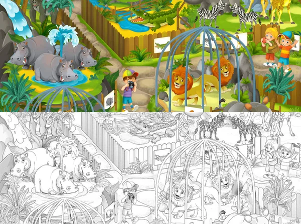 Cartoon Zoo Scene Met Schets Amusement Park Illustratie Voor Kinderen — Stockfoto