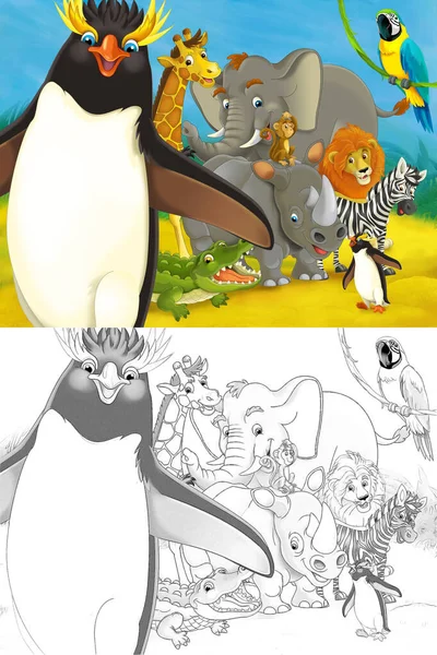Cartoon Zoo Scene Met Schets Jungle Podium Met Verschillende Dieren — Stockfoto