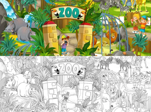 Scène Zoo Bande Dessinée Avec Dessin Illustration Parc Attractions Pour — Photo