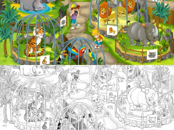 Cartoon Zoo Scene Met Schets Amusement Park Illustratie Voor Kinderen — Stockfoto