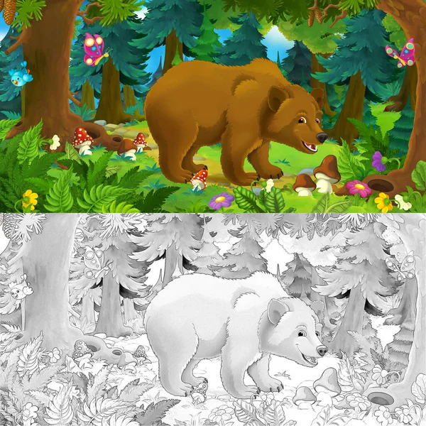 森の中の幸せな野生のクマと漫画シーン 子供のためのイラスト — ストック写真