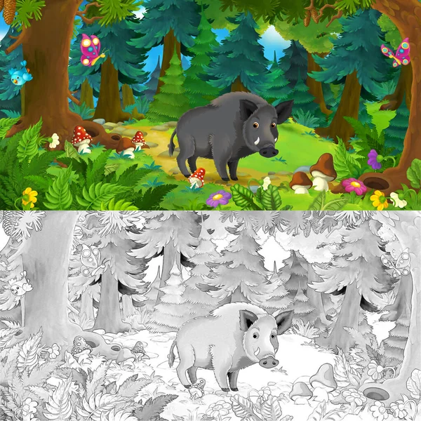 森の中に幸せのイノシシ豚が立っている漫画シーン 子供のためのイラスト — ストック写真