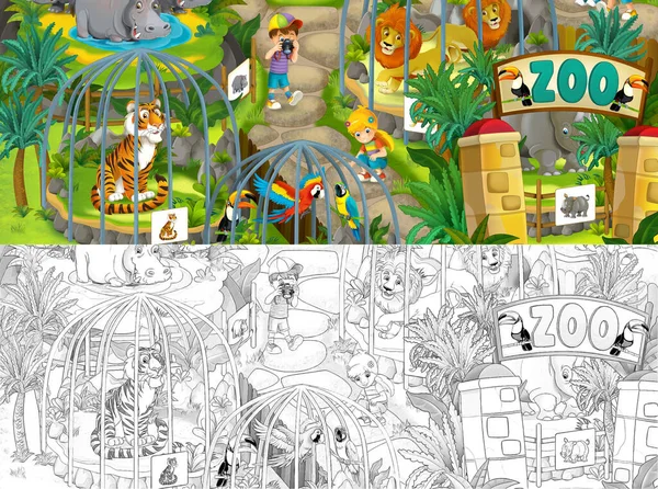 Escena Del Zoológico Dibujos Animados Con Dibujo Ilustración Del Parque — Foto de Stock