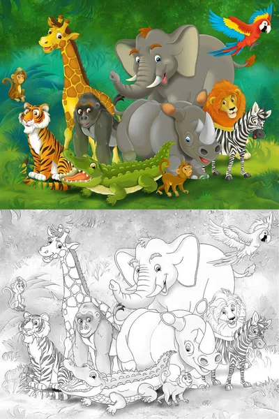 子供のための異なる動物のイラストとジャングルのステージでスケッチと漫画動物園のシーン — ストック写真