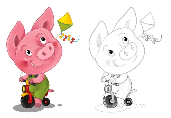 cartoon happy scene with sketch with pig having fun - illustration for children