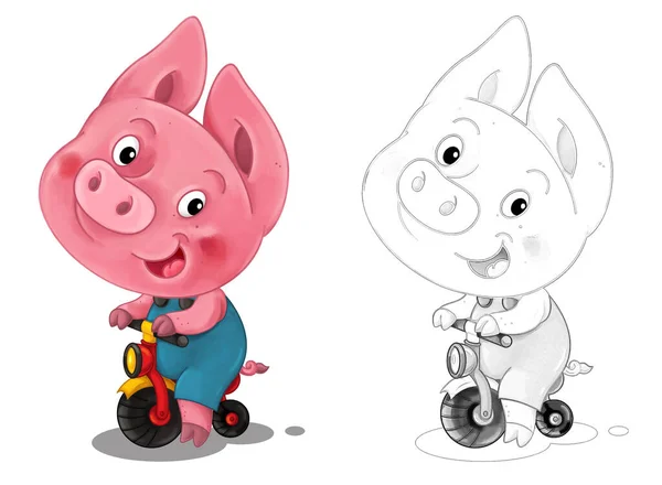 Dibujos Animados Escena Feliz Con Boceto Con Cerdo Divirtiéndose Ilustración —  Fotos de Stock
