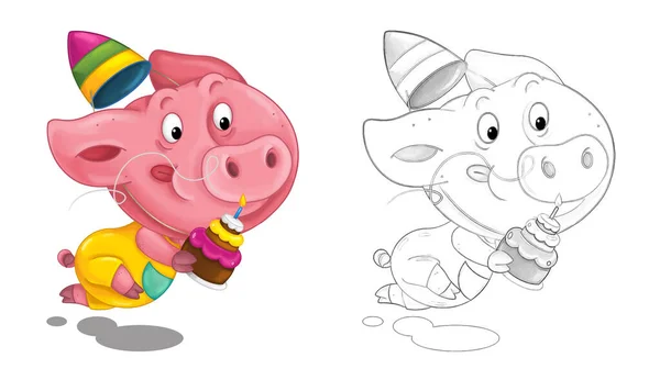 Cartoon Happy Scene Sketch Pig Having Fun Illustration Children — Stock Photo, Image