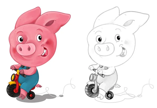 卡通画快乐场景 小猪有乐趣 儿童图解 — 图库照片