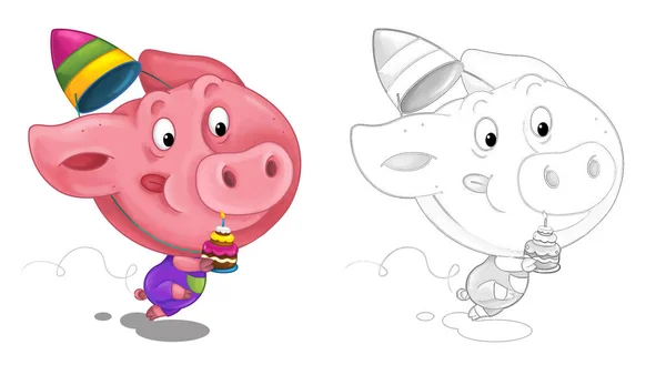 Cartoon Happy Scene Sketch Pig Having Fun Illustration Children — Stock Photo, Image