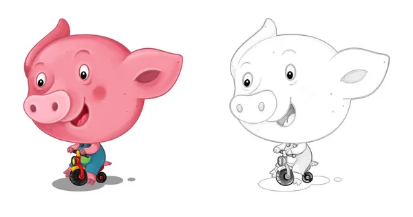 Cartoon Happy Scene Sketch Pig Having Fun Illustration Children — Stock Photo, Image