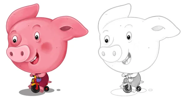 Cartoon Happy Scene Sketch Pig Having Fun Illustration Children — Stock Photo, Image