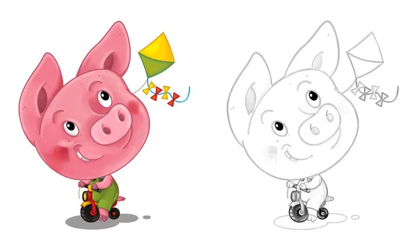 楽しい豚とのスケッチで漫画幸せなシーン イラスト 子供のための — ストック写真
