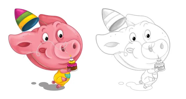 Desenho Animado Cena Feliz Com Esboço Com Porco Divertindo Ilustração — Fotografia de Stock