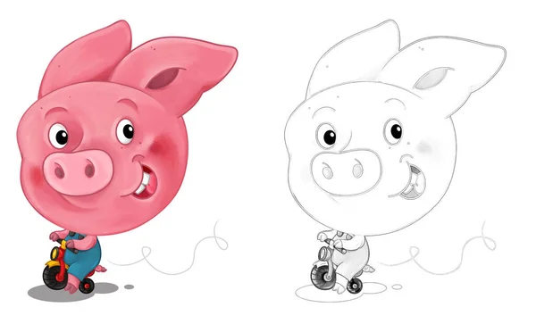 Dibujos Animados Escena Feliz Con Boceto Con Cerdo Divirtiéndose Ilustración —  Fotos de Stock