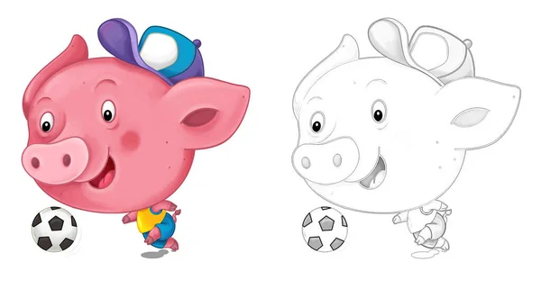 cartoon happy scene with sketch with pig having fun - illustration for children