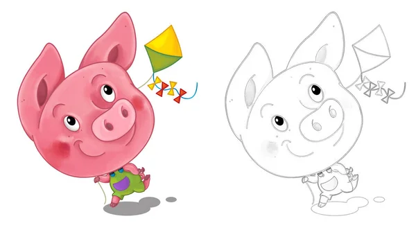 Kreskówka Szczęśliwy Scena Szkic Świnia Zabawy Ilustracja Dla Dzieci — Zdjęcie stockowe