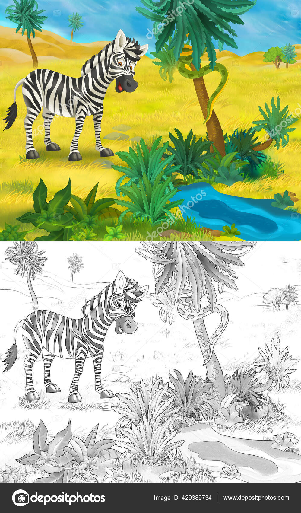 野生動物ゼブラ馬との漫画シーン自然の中で 子供のためのイラスト ストック写真 C Agaes8080