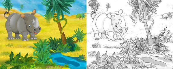 Escena Dibujos Animados Con Rinoceronte Animal Salvaje Naturaleza Ilustración Para —  Fotos de Stock