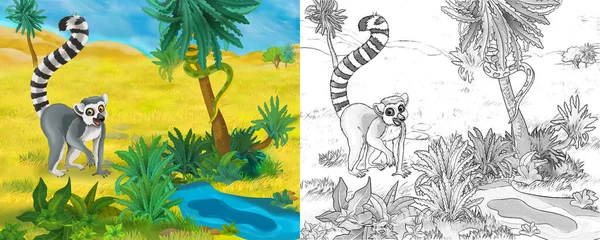 Kreslená Scéna Divokým Zvířecím Lemurem Přírodě Ilustrace Pro Děti — Stock fotografie