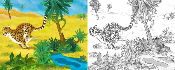 Kreskówka Scena Dzikim Zwierząt Gepard Kot Przyrodzie Ilustracja Dla Dzieci — Zdjęcie stockowe