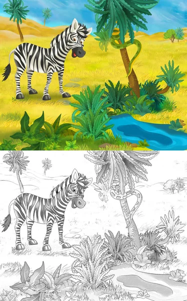 Scena Kreskówki Dzikim Zwierzęciem Zebra Konia Przyrodzie Ilustracja Dla Dzieci — Zdjęcie stockowe