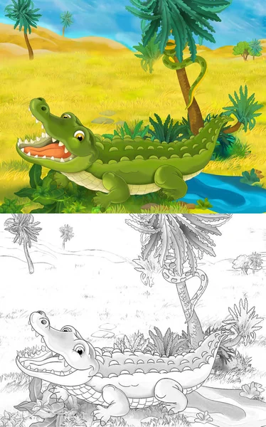 Escena Dibujos Animados Con Cocodrilo Cocodrilo Animal Salvaje Naturaleza Ilustración —  Fotos de Stock