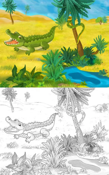 Zeichentrickszene Mit Wildem Alligatorkrokodil Der Natur Illustration Für Kinder — Stockfoto