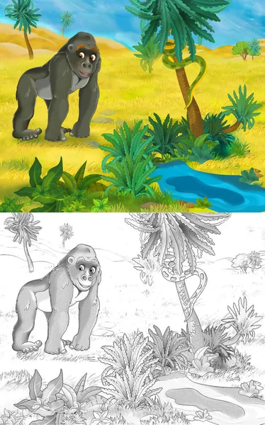 Rajzfilm Jelenet Vad Állat Gorilla Majom Majom Természetben Illusztráció Gyerekeknek — Stock Fotó