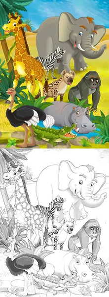 Kreskówka Scena Dzikimi Zwierzętami Przyrodzie Małpy Ptaki Nosorożec Hipopotam Ilustracja — Zdjęcie stockowe