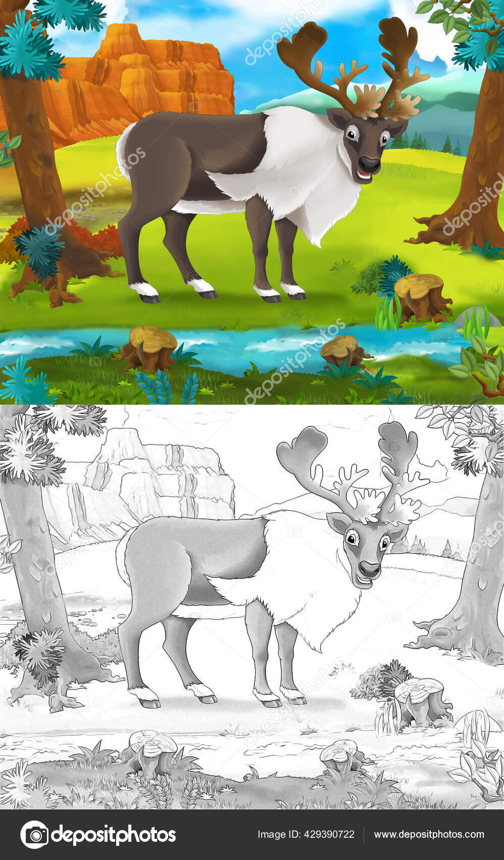自然の中で野生動物のトナカイと漫画のシーン 子供のためのイラスト ストック写真 C Agaes8080 自然の中で野生動物のトナカイと漫画のシーン 子供のためのイラスト ストック写真 C Agaes8080