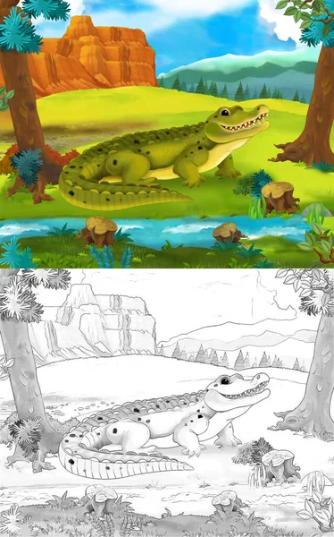 cartoon scene with wild animal alligator crocodile in nature - illustration for children