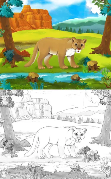 Scène Dessin Animé Avec Puma Chat Sauvage Dans Nature Illustration — Photo