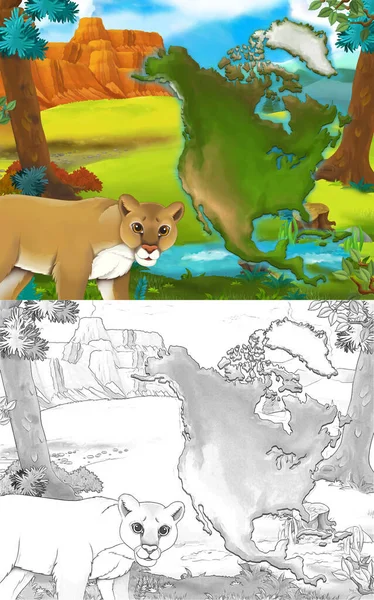 Escena Dibujos Animados Con Gato Salvaje Puma Naturaleza Ilustración Para —  Fotos de Stock