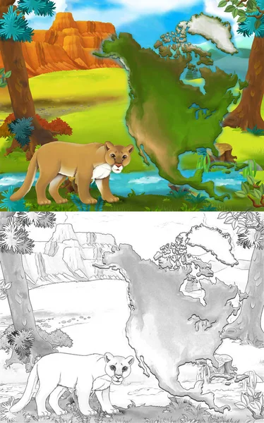 Scena Kreskówek Dzikim Zwierzęcym Kotem Puma Przyrodzie Ilustracja Dla Dzieci — Zdjęcie stockowe