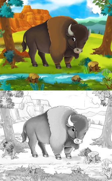 Scena Rysunkowa Dzikimi Bykami Naturze Ilustracja Dla Dzieci — Zdjęcie stockowe
