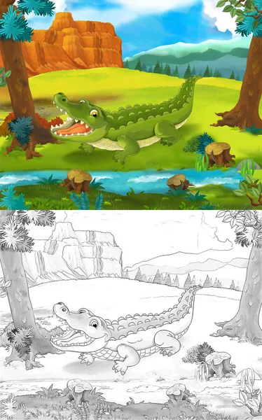 Scena Kreskówki Dzikim Krokodylem Zwierząt Aligator Przyrodzie Ilustracja Dla Dzieci — Zdjęcie stockowe