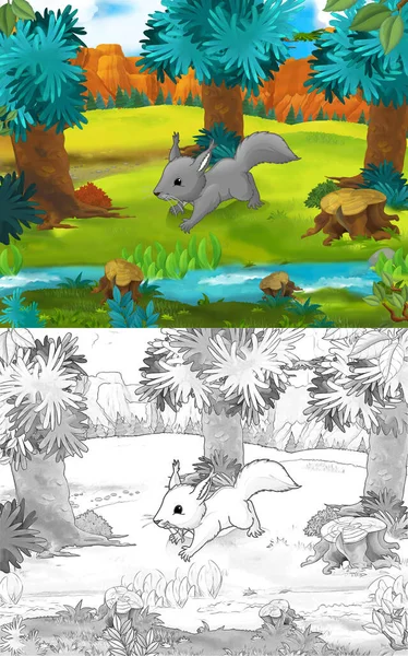 Cena Dos Desenhos Animados Com Esquilo Roedores Animais Selvagens Natureza — Fotografia de Stock