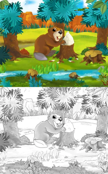 Scena Kreskówki Dzikim Bobrem Zwierząt Przyrodzie Ilustracja Dla Dzieci — Zdjęcie stockowe