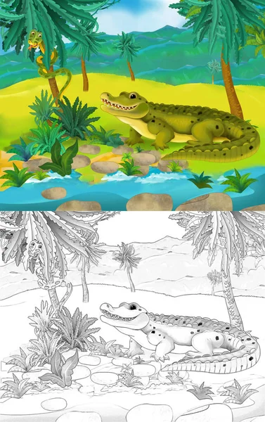 Cartoon Scene Wild Animal Crocodile Alligator Nature Illustration Children — Stock Photo, Image