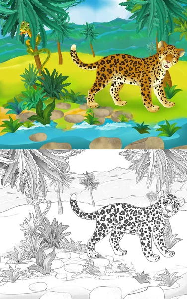Kreslená Scéna Divokou Zvířecí Gepardí Kočkou Přírodě Ilustrace Pro Děti — Stock fotografie