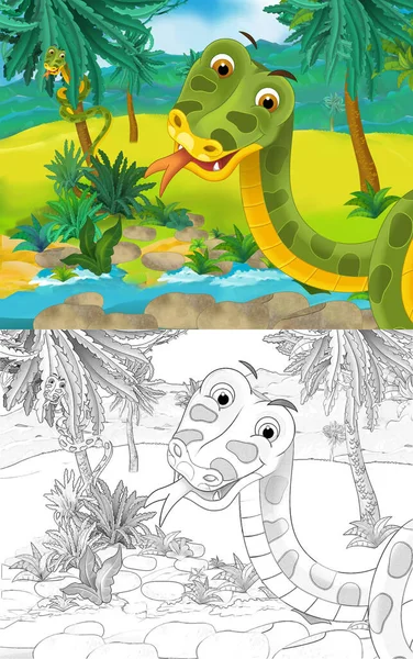 Kreslená Scéna Divokým Zvířecím Hadem Přírodě Ilustrace Pro Děti — Stock fotografie