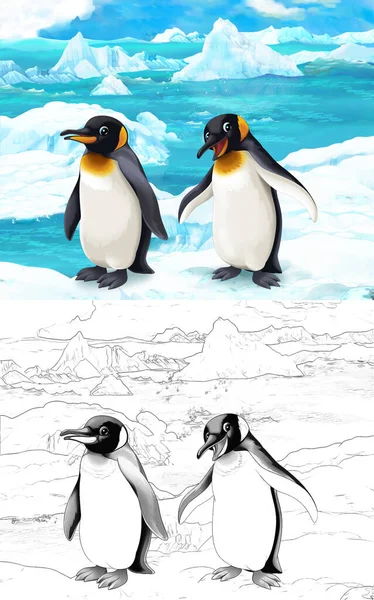 Scène Dessin Animé Avec Des Animaux Sauvages Pingouins Dans Nature — Photo