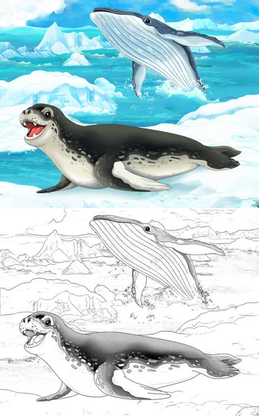 Cena Desenhos Animados Com Animais Selvagens Nadando Natureza Polar Ilustração — Fotografia de Stock