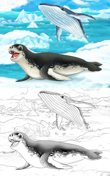cartoon scene with wild swimming animals in polar nature - illustration for children