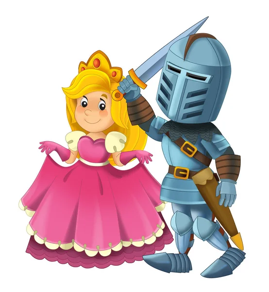 cartoon scene with knight prince and princess together on white background - illustration for children