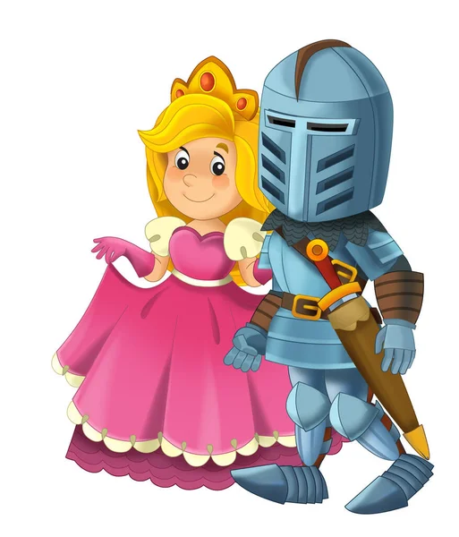 卡通片场景 骑士王子和公主在白色背景下在一起 儿童插图 — 图库照片