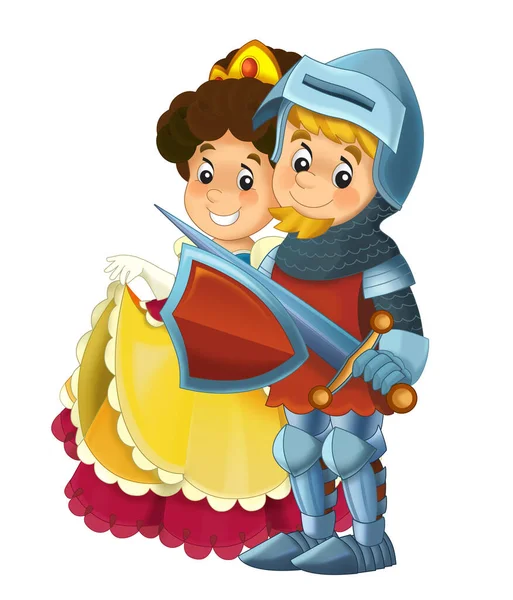 Escena Dibujos Animados Con Príncipe Caballero Princesa Juntos Sobre Fondo — Foto de Stock
