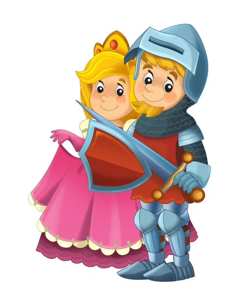 cartoon scene with knight prince and princess together on white background - illustration for children