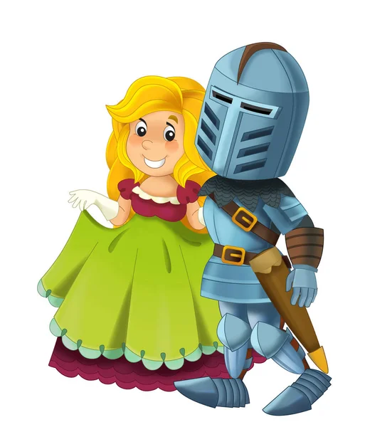 cartoon scene with knight prince and princess together on white background - illustration for children